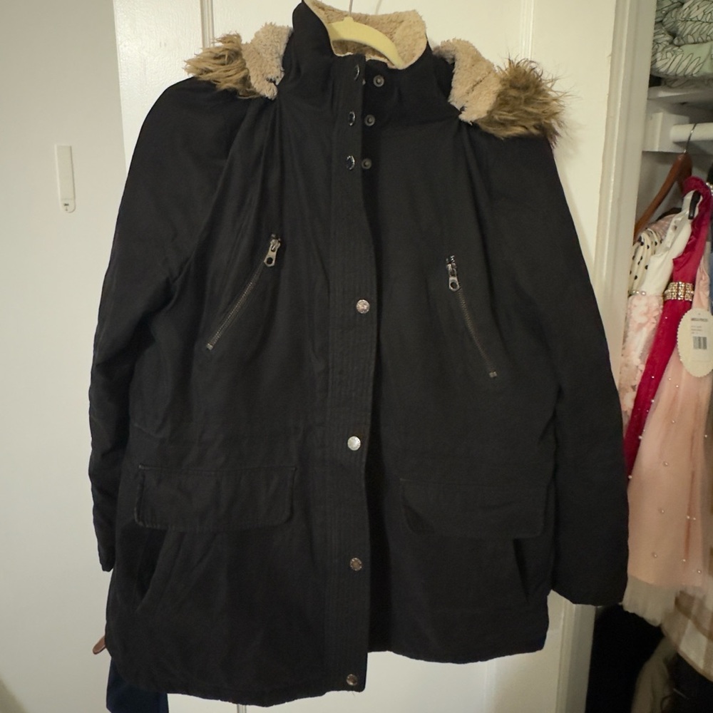 Nautica Black Utility Jacket with Fur Trim